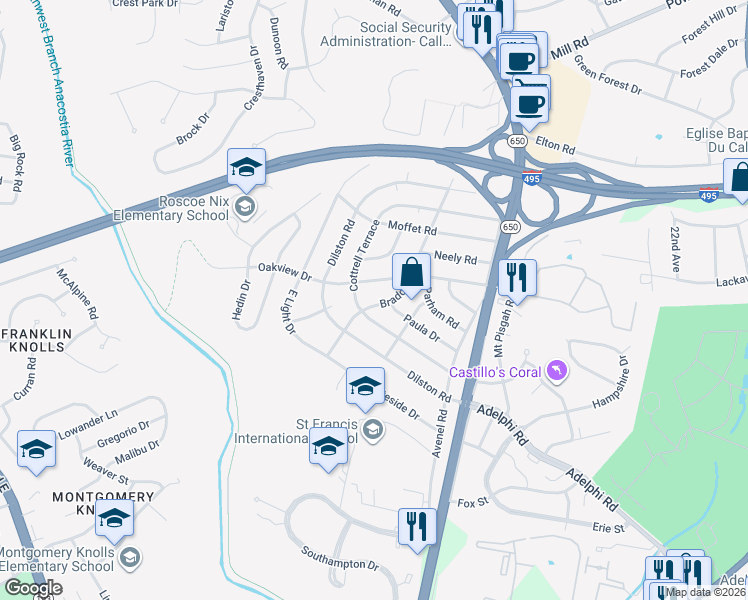 map of restaurants, bars, coffee shops, grocery stores, and more near 9710 Braddock Road in Silver Spring