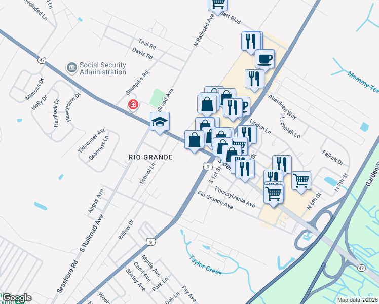 map of restaurants, bars, coffee shops, grocery stores, and more near 1121 New Jersey 47 in Rio Grande