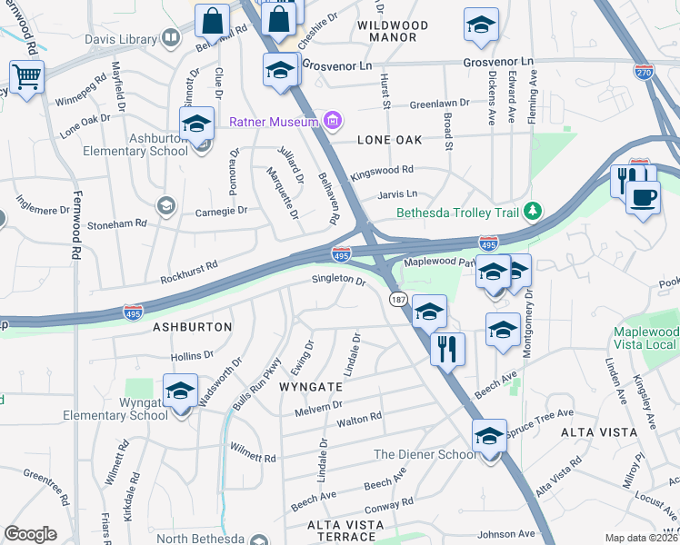 map of restaurants, bars, coffee shops, grocery stores, and more near 9703 Singleton Drive in Bethesda