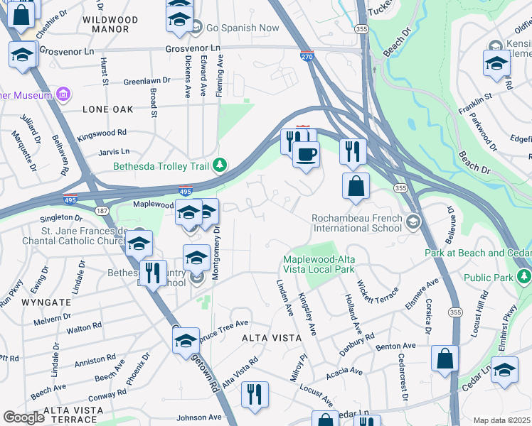 map of restaurants, bars, coffee shops, grocery stores, and more near 9715 Whitley Park Place in Bethesda