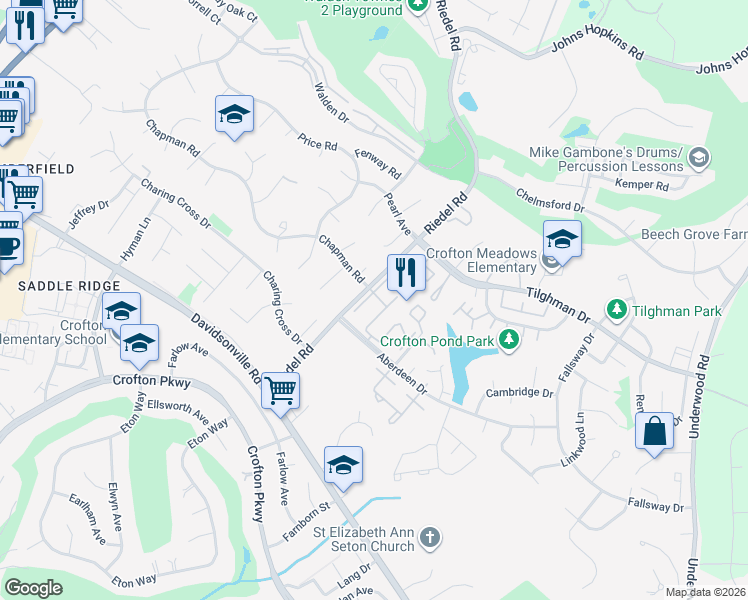 map of restaurants, bars, coffee shops, grocery stores, and more near 1683 Hart Court in Crofton