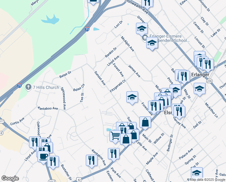 map of restaurants, bars, coffee shops, grocery stores, and more near 410 Sunset Avenue in Erlanger