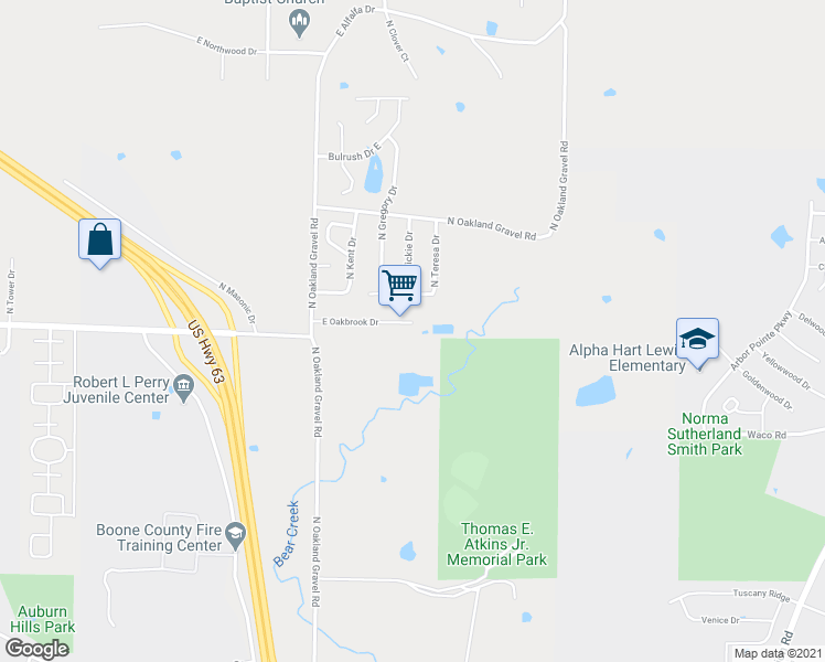 map of restaurants, bars, coffee shops, grocery stores, and more near 2660 East Oakbrook Drive in Columbia