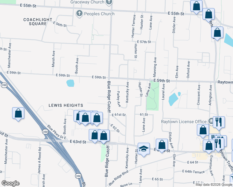 map of restaurants, bars, coffee shops, grocery stores, and more near 6000 Farley Avenue in Raytown
