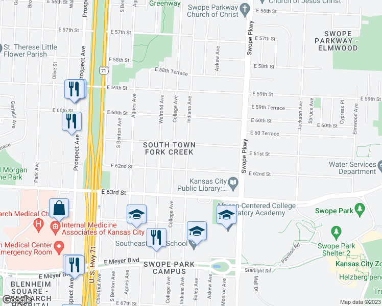 map of restaurants, bars, coffee shops, grocery stores, and more near 6113 Indiana Avenue in Kansas City