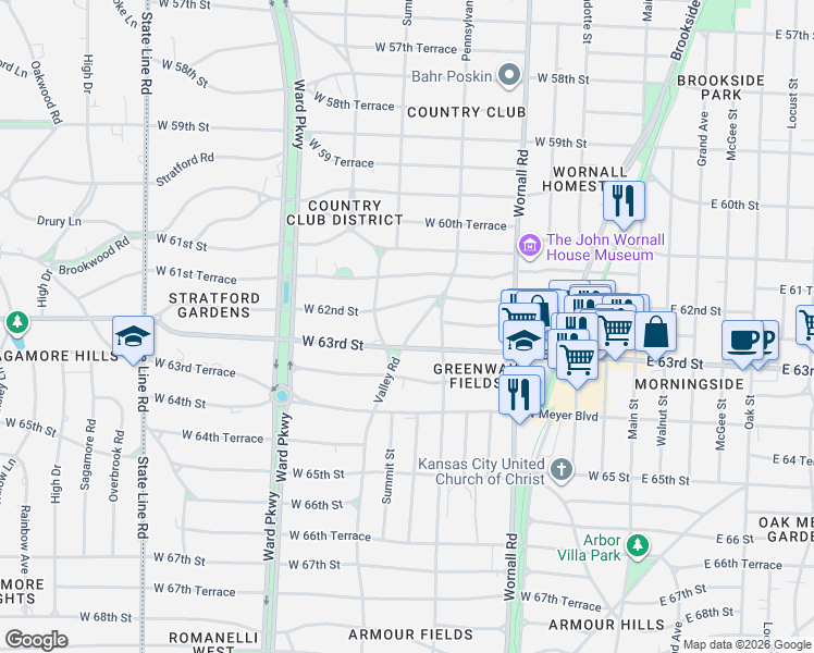 map of restaurants, bars, coffee shops, grocery stores, and more near 6234 Valley Road in Kansas City