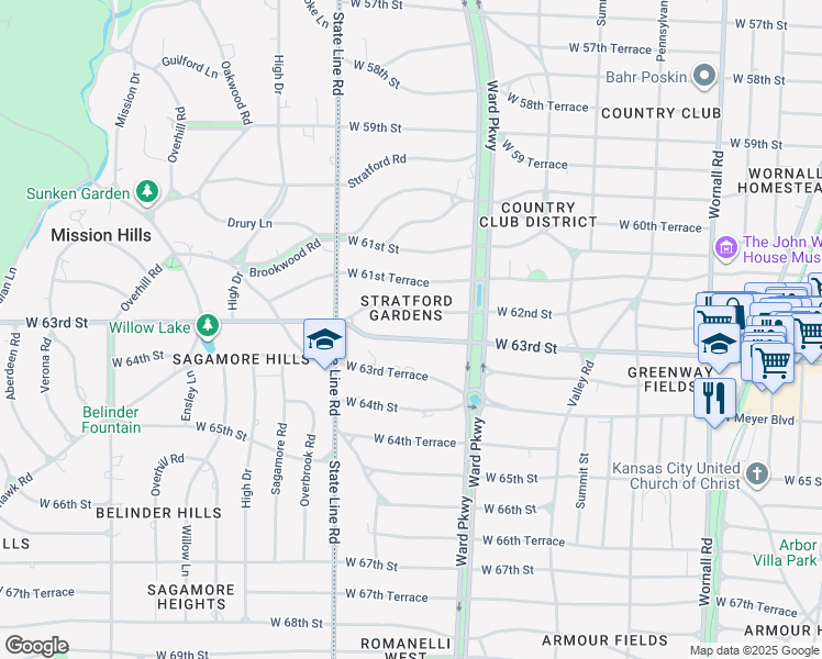 map of restaurants, bars, coffee shops, grocery stores, and more near 1232 West 63rd Street in Kansas City