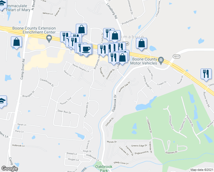 map of restaurants, bars, coffee shops, grocery stores, and more near 6310 Thrush Lane in Burlington