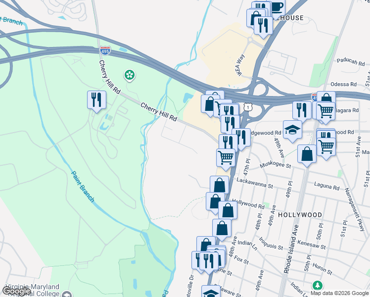 map of restaurants, bars, coffee shops, grocery stores, and more near 4703 Kiernan Road in College Park