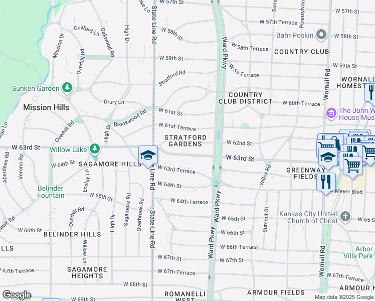 map of restaurants, bars, coffee shops, grocery stores, and more near 1232 West 63rd Street in Kansas City