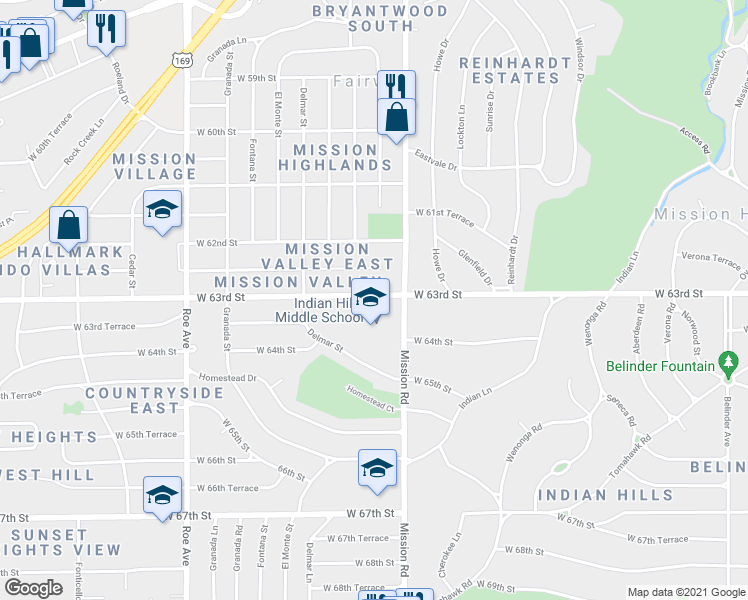 map of restaurants, bars, coffee shops, grocery stores, and more near 3921 W 63rd St in Prairie Village
