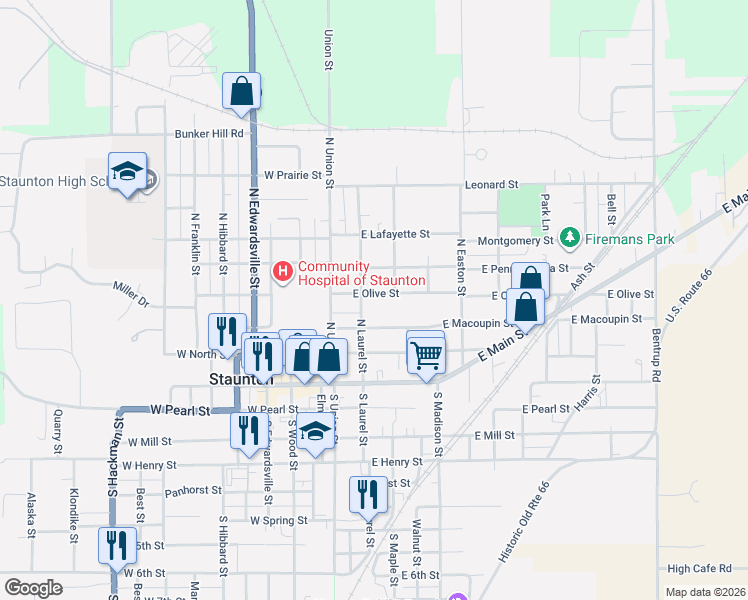 map of restaurants, bars, coffee shops, grocery stores, and more near 212 East Olive Street in Staunton