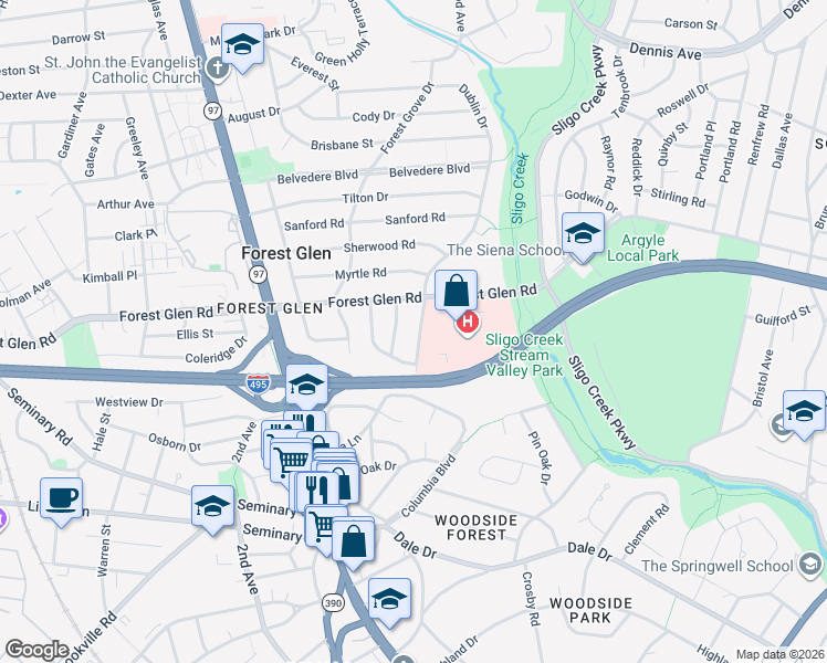map of restaurants, bars, coffee shops, grocery stores, and more near 9708 Dameron Drive in Silver Spring