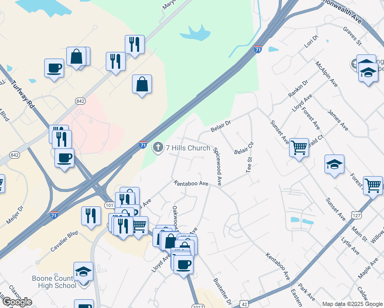 map of restaurants, bars, coffee shops, grocery stores, and more near 6581 Louise Court in Florence