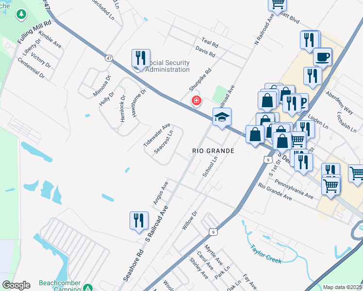 map of restaurants, bars, coffee shops, grocery stores, and more near 203 Tidewater Avenue in Rio Grande