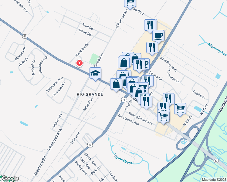 map of restaurants, bars, coffee shops, grocery stores, and more near 1121 New Jersey 47 in Rio Grande