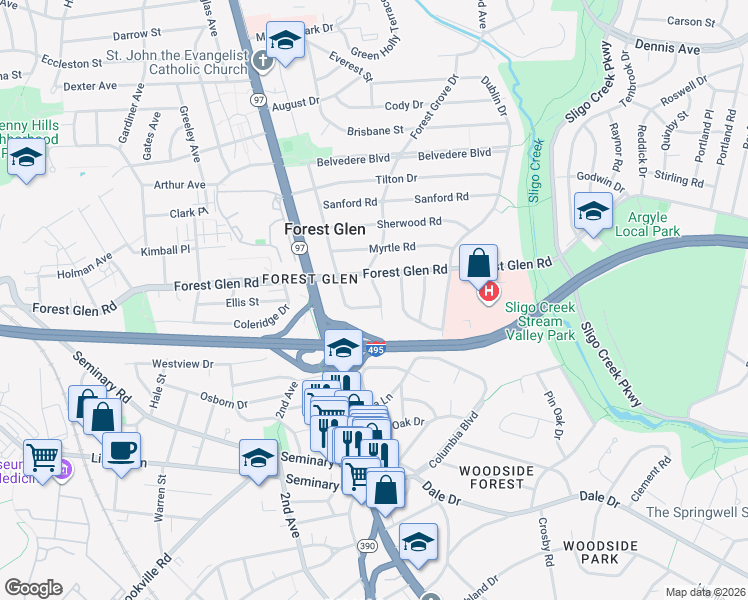map of restaurants, bars, coffee shops, grocery stores, and more near 9710 Forest Grove Drive in Silver Spring