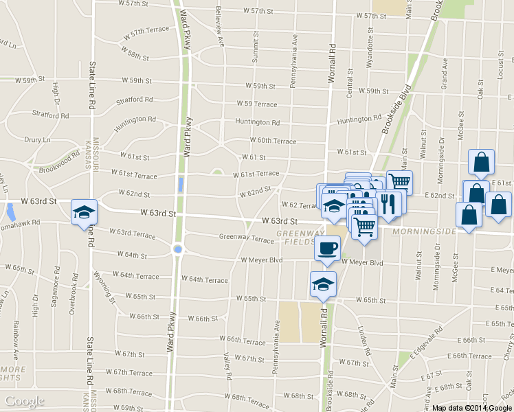 map of restaurants, bars, coffee shops, grocery stores, and more near 6234 Valley Road in Kansas City