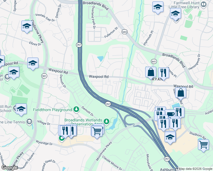 map of restaurants, bars, coffee shops, grocery stores, and more near 21753 Harroun Terrace in Ashburn