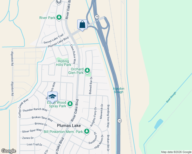 map of restaurants, bars, coffee shops, grocery stores, and more near 1408 Roaring Camp Court in Plumas Lake