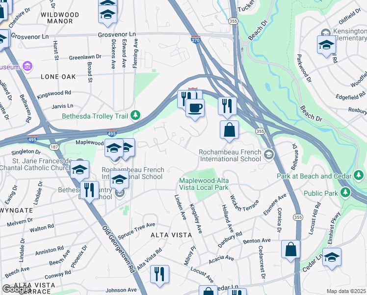 map of restaurants, bars, coffee shops, grocery stores, and more near 5347 Pooks Hill Road in Bethesda