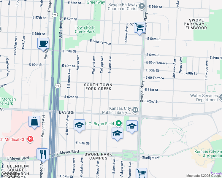 map of restaurants, bars, coffee shops, grocery stores, and more near 6113 Indiana Avenue in Kansas City