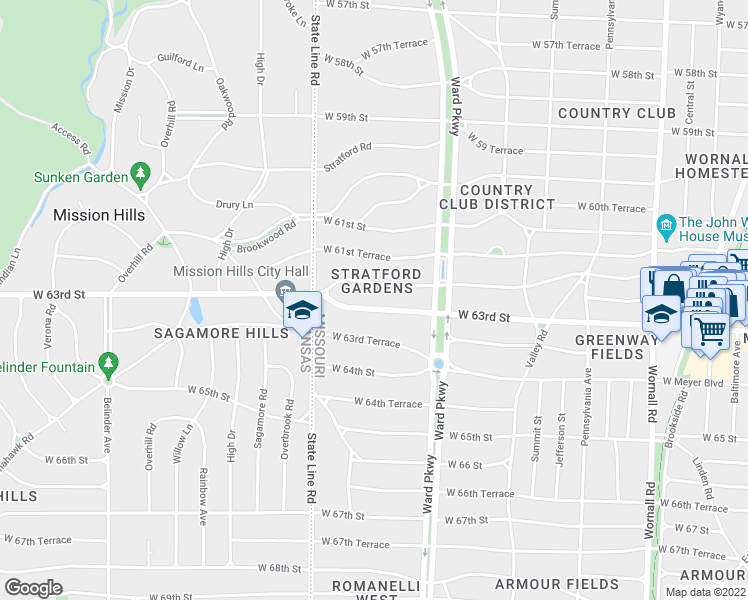 map of restaurants, bars, coffee shops, grocery stores, and more near 1232 West 63rd Street in Kansas City