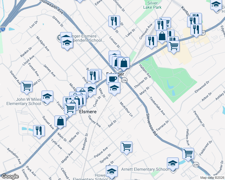 map of restaurants, bars, coffee shops, grocery stores, and more near 39 Erlanger Street in Elsmere