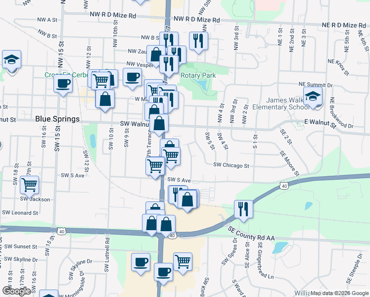 map of restaurants, bars, coffee shops, grocery stores, and more near 201 Southwest 6 Street in Blue Springs