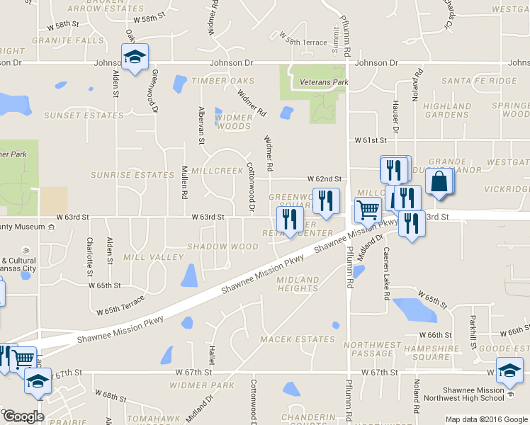 map of restaurants, bars, coffee shops, grocery stores, and more near 6226 Widmer Road in Shawnee