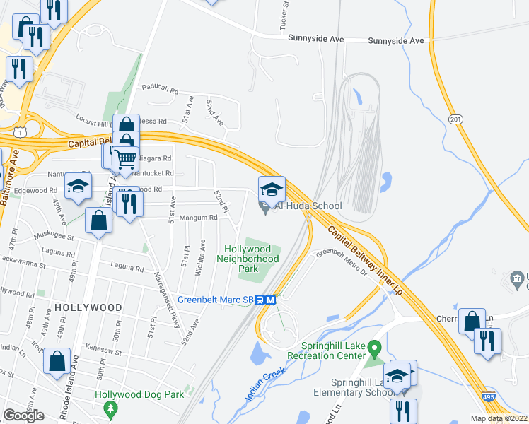 map of restaurants, bars, coffee shops, grocery stores, and more near 5301 Edgewood Road in College Park