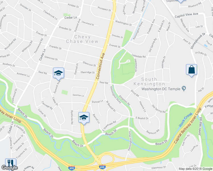 map of restaurants, bars, coffee shops, grocery stores, and more near 9733 W Bexhill Dr in Kensington
