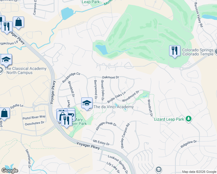 map of restaurants, bars, coffee shops, grocery stores, and more near 12614 Woodmont Drive in Colorado Springs