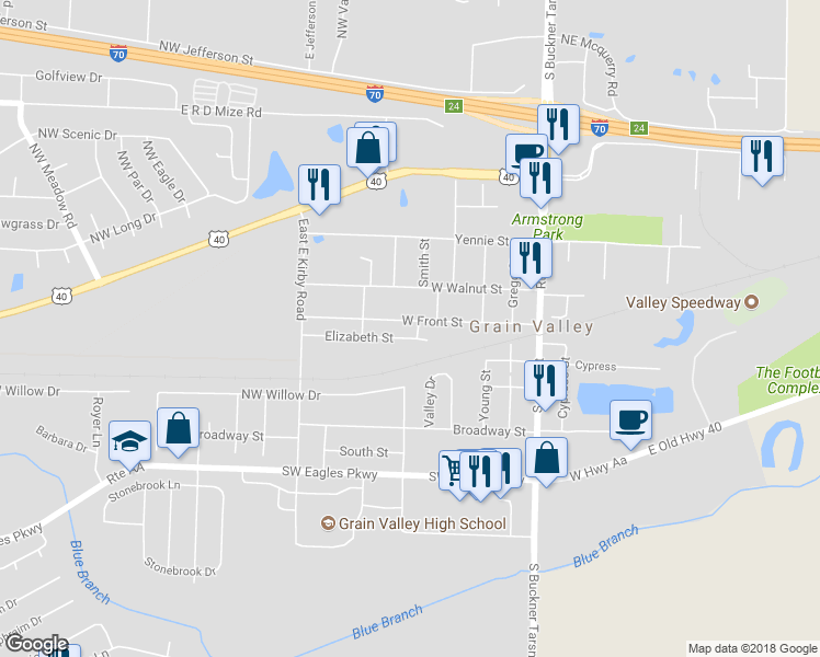 map of restaurants, bars, coffee shops, grocery stores, and more near 401 Front Street in Grain Valley