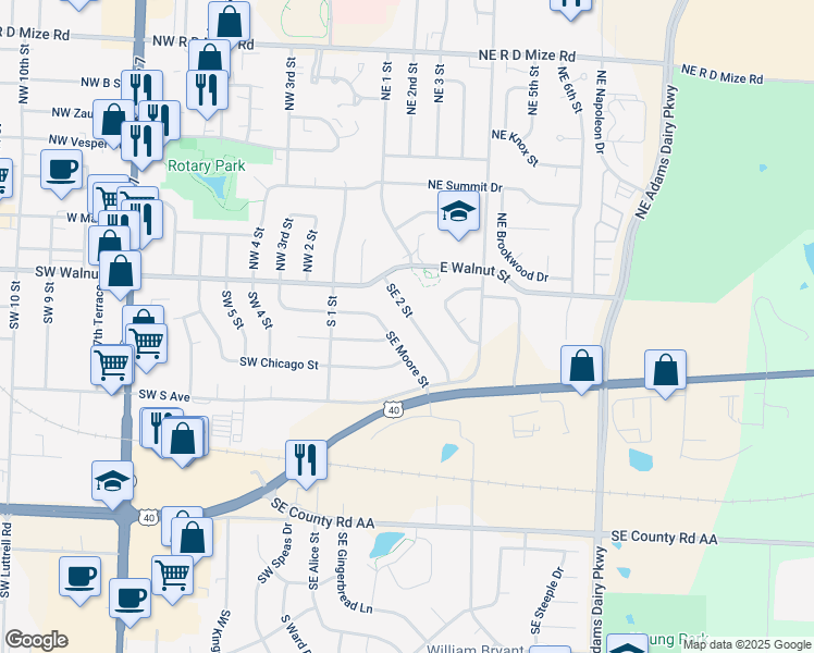 map of restaurants, bars, coffee shops, grocery stores, and more near 205 Southeast 2 Street in Blue Springs