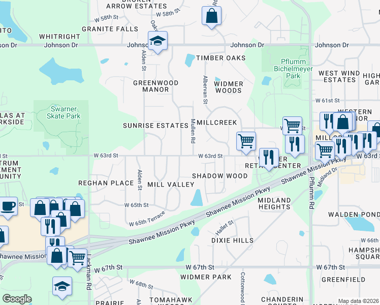 map of restaurants, bars, coffee shops, grocery stores, and more near 6229 Mullen Road in Shawnee