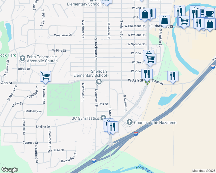 map of restaurants, bars, coffee shops, grocery stores, and more near 820 South Madison Street in Junction City