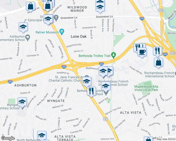 map of restaurants, bars, coffee shops, grocery stores, and more near 9707 Old Georgetown Road in Bethesda