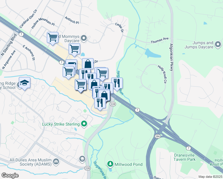 map of restaurants, bars, coffee shops, grocery stores, and more near 47060 Harry Byrd Highway in Sterling