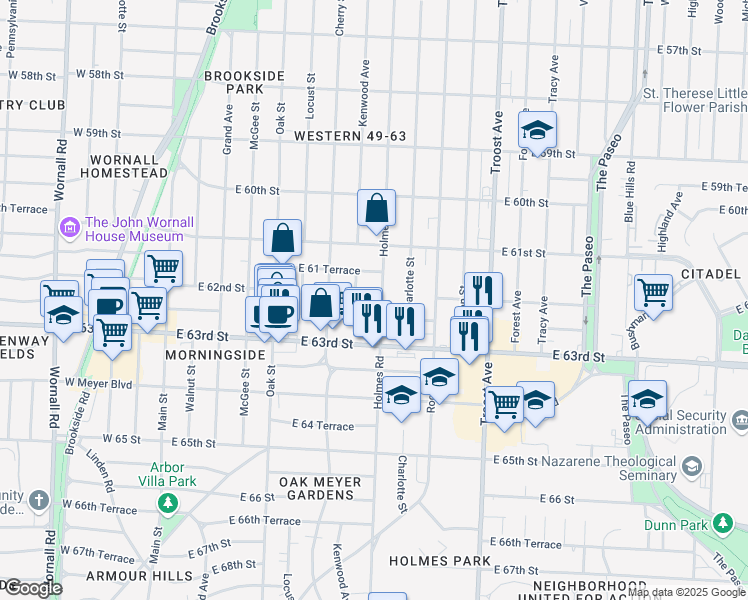 map of restaurants, bars, coffee shops, grocery stores, and more near 6150 Holmes Street in Kansas City
