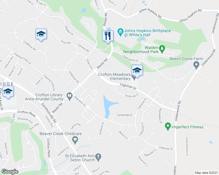 map of restaurants, bars, coffee shops, grocery stores, and more near 1902 Ardenwood Terrace in Crofton