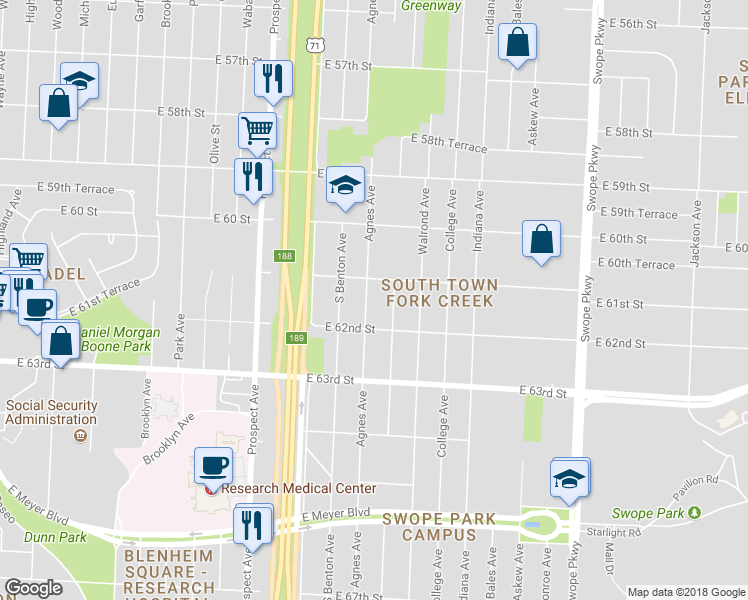 map of restaurants, bars, coffee shops, grocery stores, and more near 6119 Agnes Avenue in Kansas City