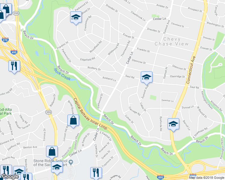 map of restaurants, bars, coffee shops, grocery stores, and more near 9708 Cedar Lane in Bethesda