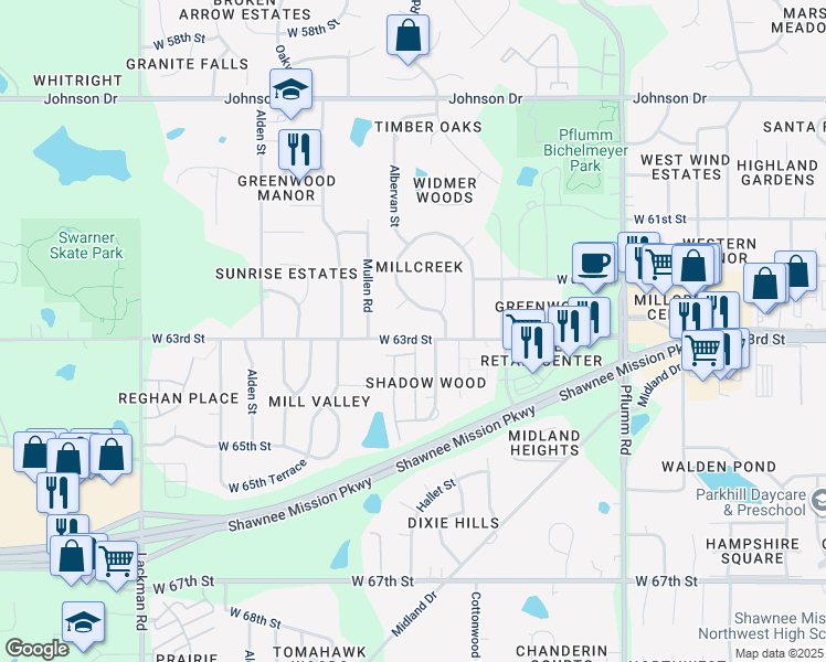 map of restaurants, bars, coffee shops, grocery stores, and more near 14112 West 63rd Street in Shawnee