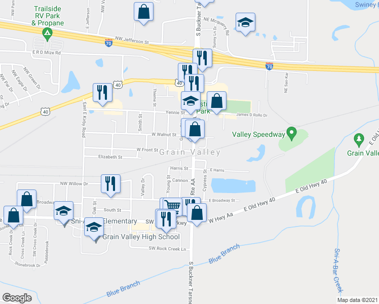 map of restaurants, bars, coffee shops, grocery stores, and more near 420 Northeast Wolf Creek Drive in Grain Valley