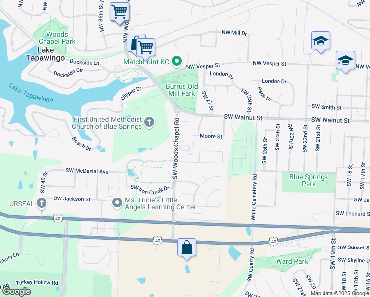 map of restaurants, bars, coffee shops, grocery stores, and more near 420 Southwest Woods Chapel Road in Blue Springs