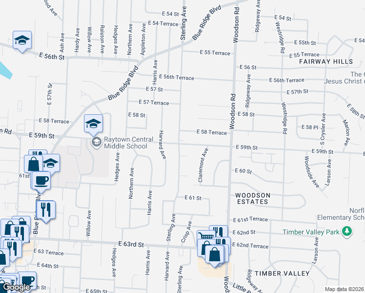 map of restaurants, bars, coffee shops, grocery stores, and more near 11201 East 59th Street in Raytown