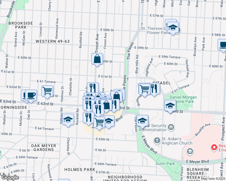 map of restaurants, bars, coffee shops, grocery stores, and more near 1300 East 62nd Street in Kansas City