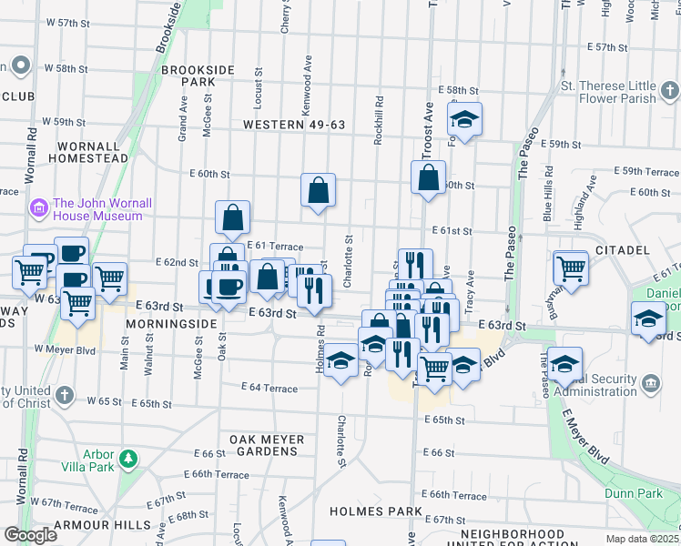 map of restaurants, bars, coffee shops, grocery stores, and more near 6150 Charlotte Street in Kansas City