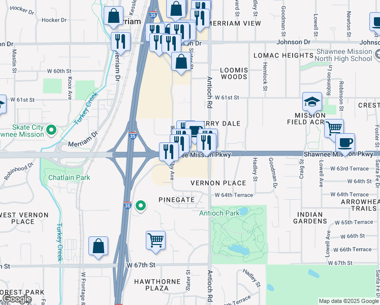 map of restaurants, bars, coffee shops, grocery stores, and more near 8700-8722 Shawnee Mission Pkwy in Merriam